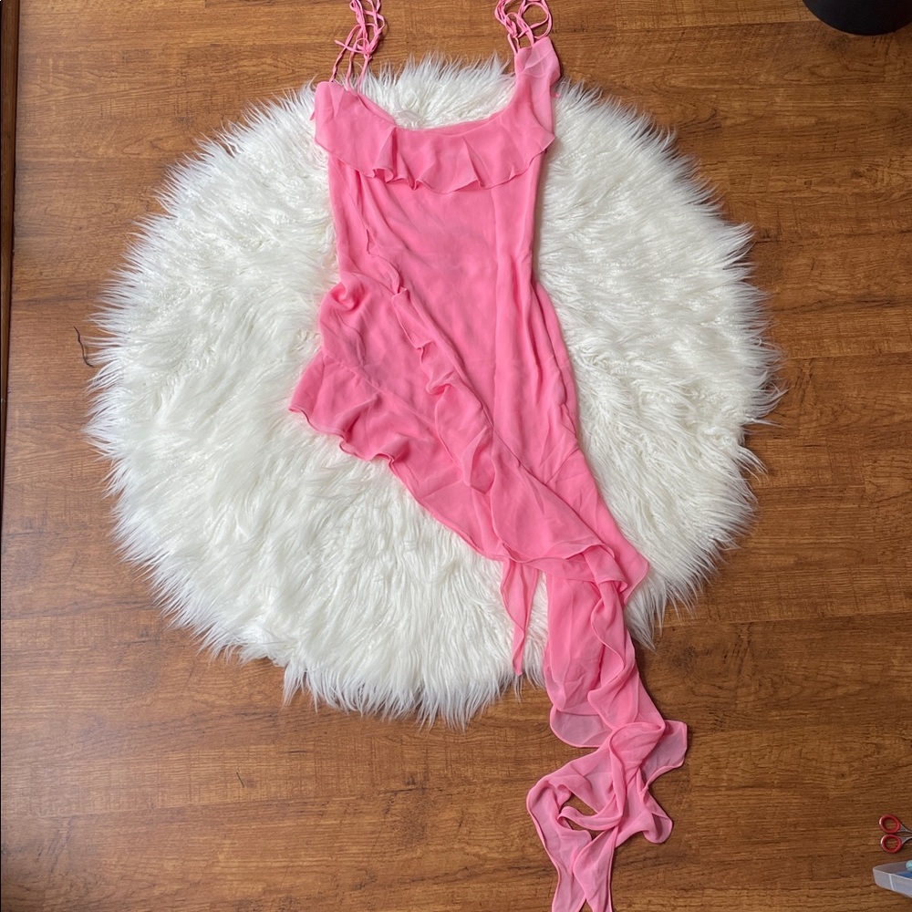 House of CB Marcia Pink Asymmetrical Ruffle Dress